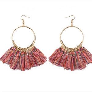 🌸3/$25 🆕 Boho Festival Gold Hoop Multicolor Tassel Fringe Dangle Earrings